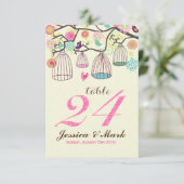 ぶら下がったの鳥のケージとレトロの花のテーブル番号 招待状 (スタンド正面)