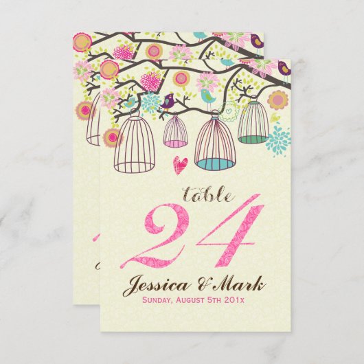 ぶら下がったの鳥のケージとレトロの花のテーブル番号 招待状 (正面/裏面)