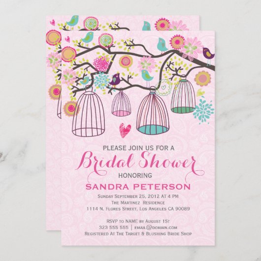 ぶら下がったの鳥のケージとレトロ花ブライダルシャワー 招待状 (正面/裏面)