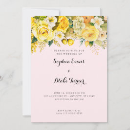 ぶら下がったの黄色い花ピンク庭園の結婚式 招待状