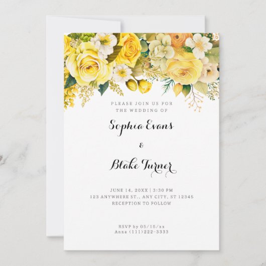 ぶら下がったの黄色の花の白庭園の結婚式 招待状 (正面)