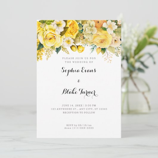 ぶら下がったの黄色の花の白庭園の結婚式 招待状 (スタンド正面)