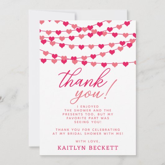 ぶら下がったのString Loveハートブライダルシャワー サンキューカード (正面)