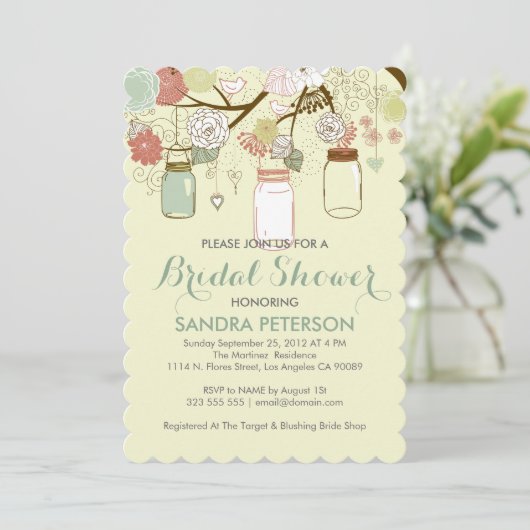 ぶら下がったズメイソンジャー&レトロフラワーズブライダルシャワー 招待状 (スタンド正面)