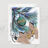 ぶら下がる誘惑、クリスマスのオーナメント及び子猫 シーズンポストカード (正面/裏面)