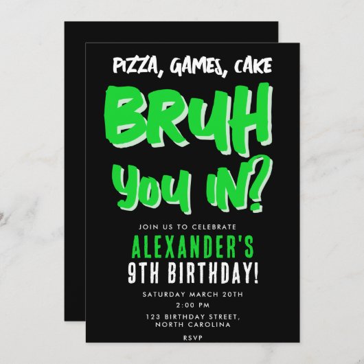 ぶるぁボーイのティーン少年緑の誕生日パーティー 招待状 (正面/裏面)