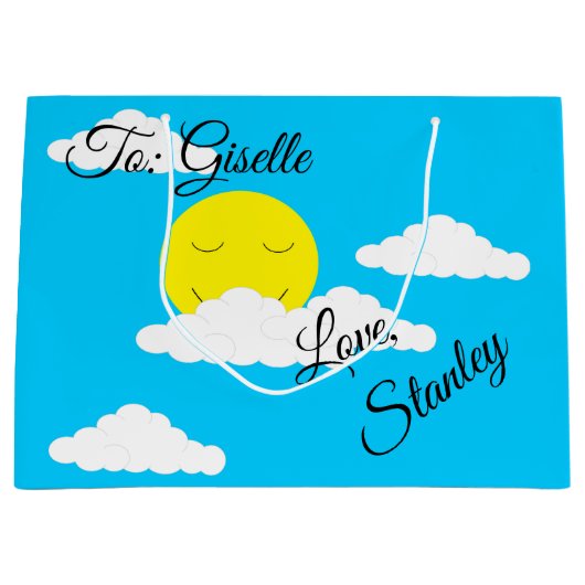 ぷんぷんとした雲に包まれた笑顔の太陽： ラージペーパーバッグ (正面)