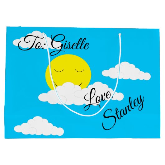 ぷんぷんとした雲に包まれた笑顔の太陽: ラージペーパーバッグ (裏面)