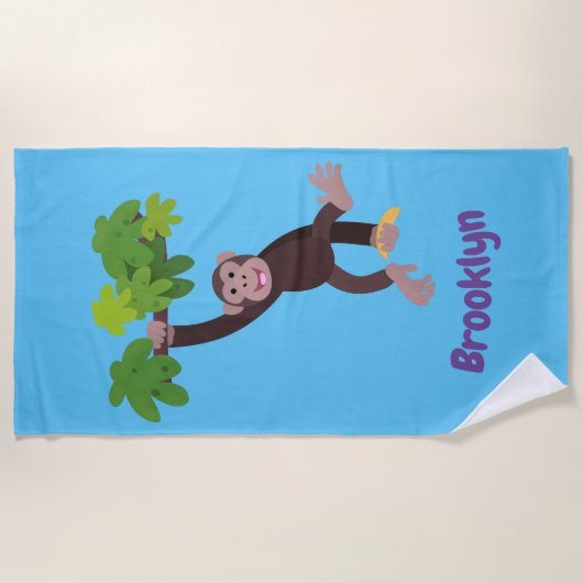 ～へのジャングルの漫画ぶら下がったビーチの可愛いチンパンジー ビーチタオル (正面)