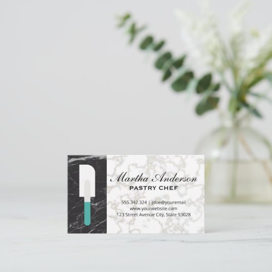 へら |金ゴールド白大理石 |黒い大理石 名刺 (スタンド正面)