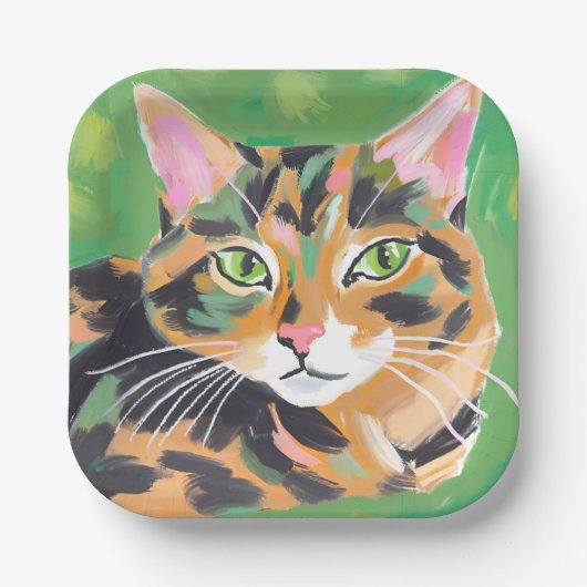 べっ甲猫の水彩画 ペーパープレート (正面)