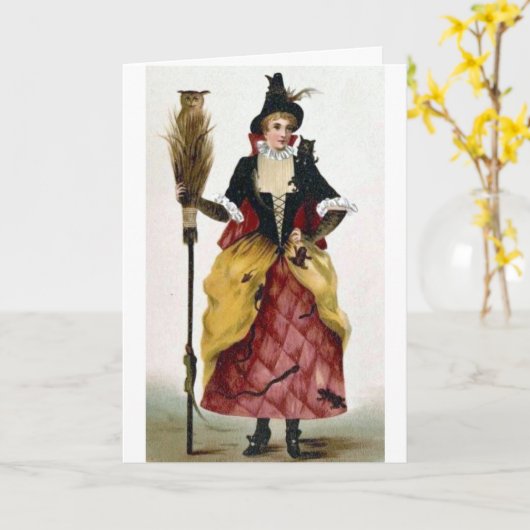ほうきおよびフクロウを持つ魔法使い カード (黄色い花)
