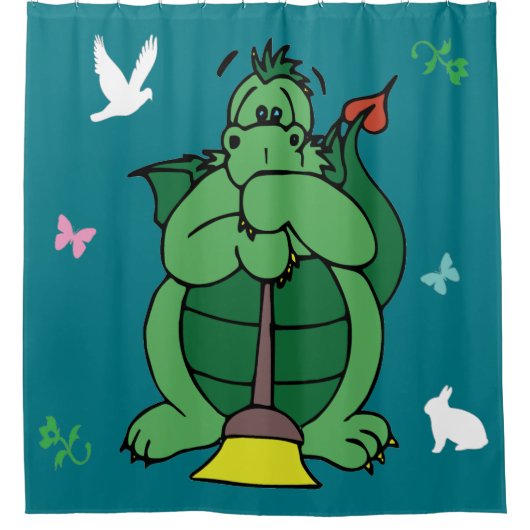 ほうきで風呂を見守る洗龍 シャワーカーテン (正面)