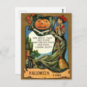 ほうきとカボチャの若い魔女の女性、ヴィンテージ ポストカード (正面/裏面)