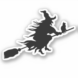 ほうきに乗った猫のシルエット付き魔女 シール