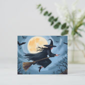 ほうきに乗った魔女 | ハッピー ハロウィン 絵を描いた シーズンカード (スタンド正面)