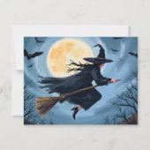 ほうきに乗った魔女 | ハッピー ハロウィン 絵を描いた シーズンカード (正面)