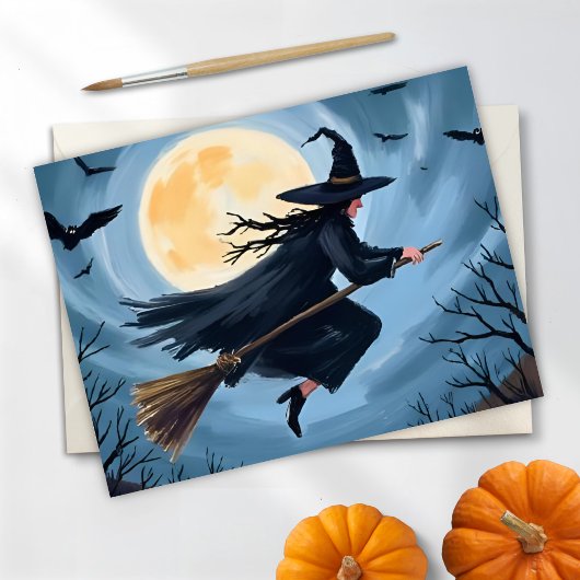 ほうきに乗った魔女 | ハッピー ハロウィン 絵を描いた シーズンカード