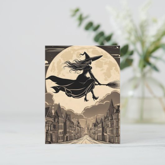ほうきに乗るハロウィーンの若い魔女|過去記事 ポストカード (スタンド正面)