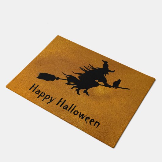 ほうきのシルエットのハッピーハローウィン魔法使い及び猫 ドアマット (アングル)
