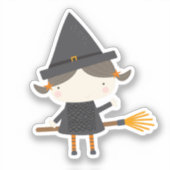 ほうきのステッカーに可愛らしい魔女 シール (正面)