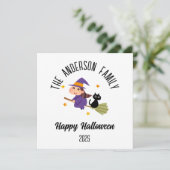 ほうきのハロウィーンかわいいパーソナライズされた魔女 シーズンカード (スタンド正面)