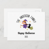 ほうきのハロウィーンかわいいパーソナライズされた魔女 シーズンポストカード (正面/裏面)