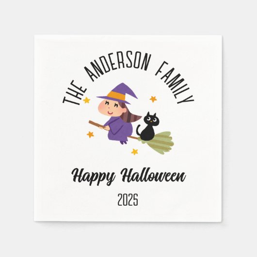 ほうきのハロウィーンかわいいパーソナライズされた魔女 スタンダードカクテルナプキン (正面)