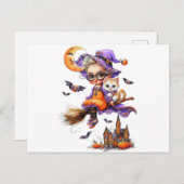 ほうきの可愛い魔女と子猫 ポストカード (正面/裏面)