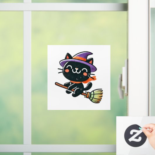 ほうきの可愛飛んでいるい魔女猫 – ハロウィーン ウィンドウサイン (ホーム)