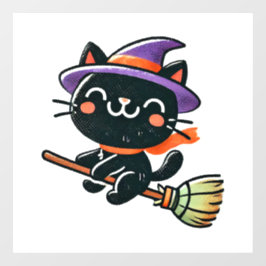 ほうきの可愛飛んでいるい魔女猫 – ハロウィーン ウィンドウサイン