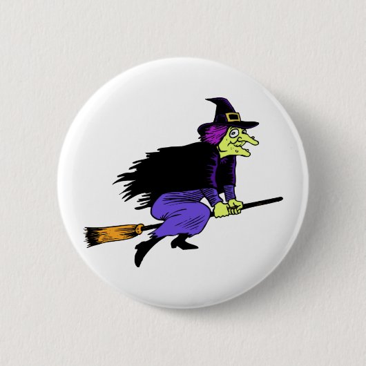 ほうきの柄のハロウィンの魔法使いの飛行 缶バッジ (正面)