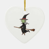 ほうきの柄の灰色の毛の飛行の緑の魔法使い セラミックオーナメント (正面)