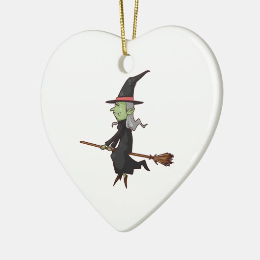 ほうきの柄の灰色の毛の飛行の緑の魔法使い セラミックオーナメント (左)