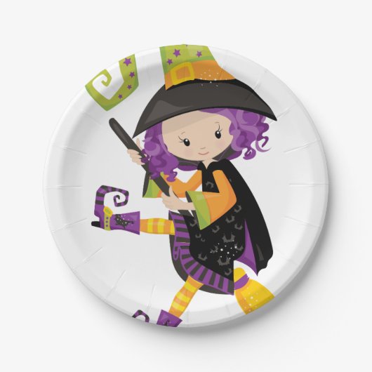 ほうきの柄の紫色の毛を搭載するLilのかわいい魔法使い ペーパープレート (正面)