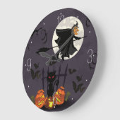 ほうきの柄、黒猫、カボチャハロウィンの魔法使い ラージ壁時計 (傾斜)