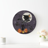 ほうきの柄、黒猫、カボチャハロウィンの魔法使い ラージ壁時計 (ホーム)