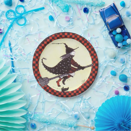 ほうきの紙皿のかわいい魔法使い ペーパープレート (パーティー)