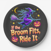 ほうきもしは、ハロウィーンの魔女デザインに乗ってフィット ペーパープレート (正面)