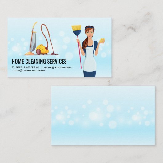 ほうき石鹸の泡を持つメイド 名刺 (正面/裏面)