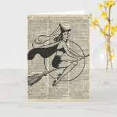 ほうき、Haloowenのヴィンテージのコラージュの魔法使いの飛行 カード (黄色い花)