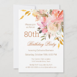 ほこほこピンクの水彩花80歳の誕生日パーティー 招待状