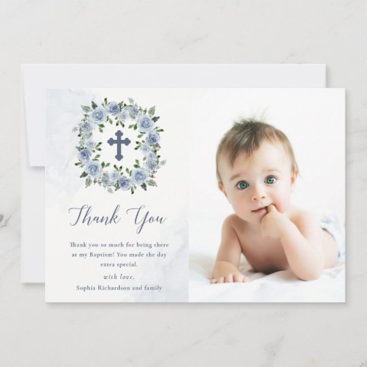 ほこりかわいらしの多い青い水彩の花|洗礼 サンキューカード (正面)