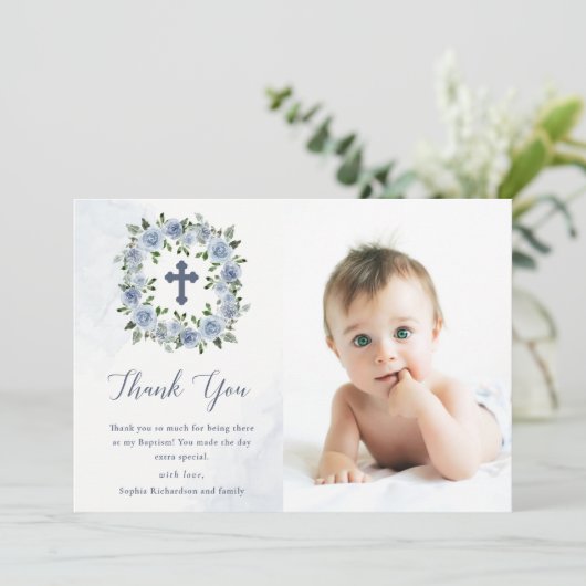 ほこりかわいらしの多い青い水彩の花|洗礼 サンキューカード (スタンド正面)