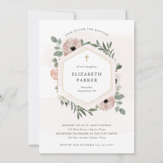 ほこりかわいらし桃の花と緑の洗礼 招待状 (正面)