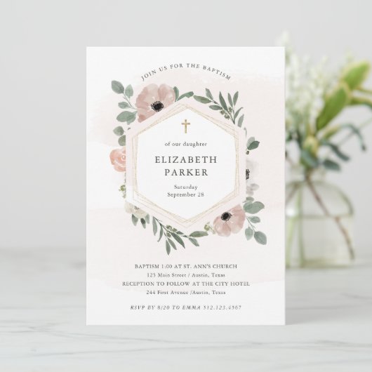 ほこりかわいらし桃の花と緑の洗礼 招待状 (スタンド正面)