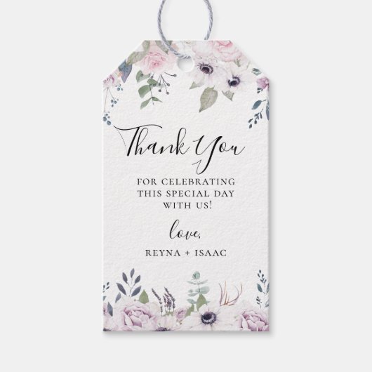 ほこりがかかった庭園の花のウェディングサンクス ギフトタグ (正面)
