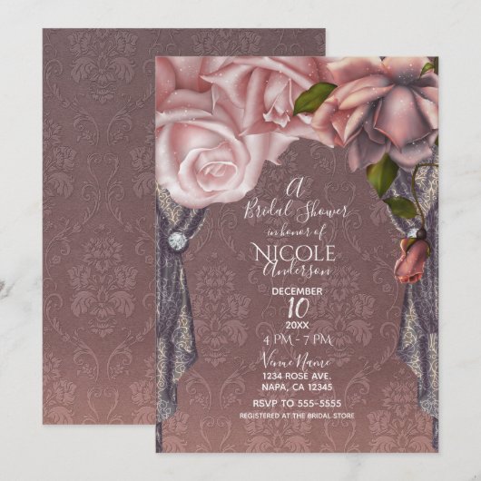 ほこりがかったバラ色のピンクのバラのビンテージブライダルシャワー 招待状 (正面/裏面)