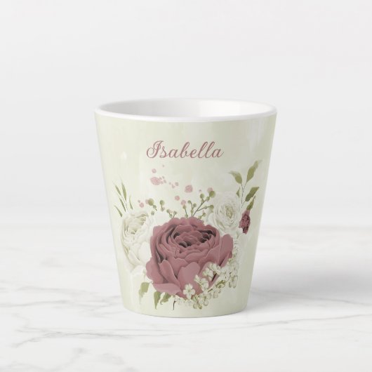 ほこりがかったバラ色の白い花 カフェラテマグ (正面)