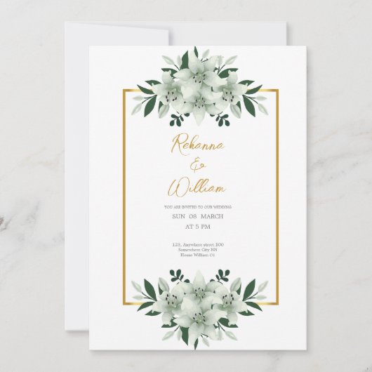 ほこりがかった白のグリーン水彩画の結婚式のカード 招待状 (正面)